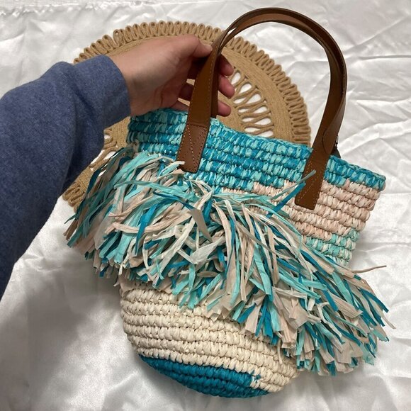 NWT Chico’s Multi Fringe Neutral Turquoise Tote Bag - Picture 6 of 11